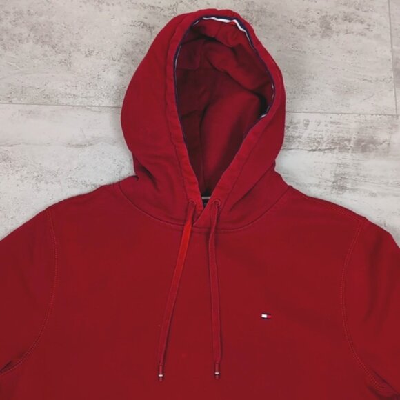 Tommy Hilfiger Red Hoodie Sweatshirt Pullover Fleece Hooded Mens Size Medium - Picture 3 of 13